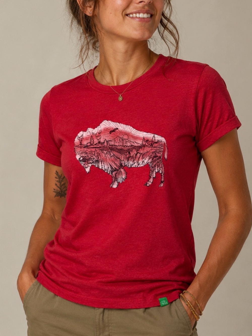 Women's Red Short Sleeve Graphic Tee - Buffalo Mountain Print